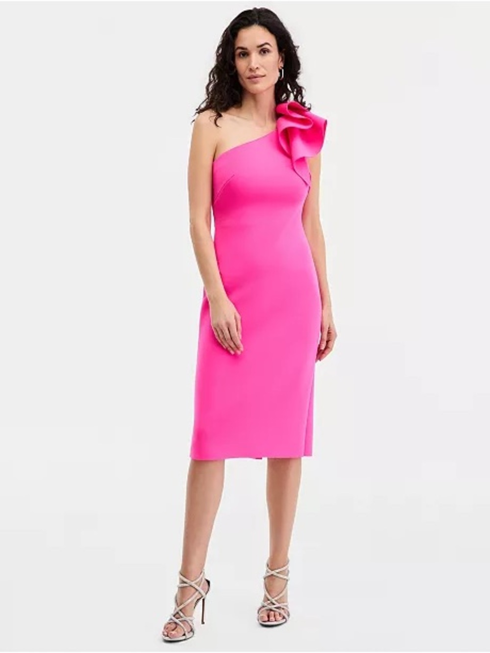 Eliza J Hot Pink One-Shoulder Midi Dress with Sculpted Shoulder Ruffle